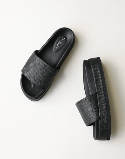 Mallorca Sandals (Black Raffia) - By Therapy - Woven Detail Slides - Women's Shoes - Charcoal Clothing