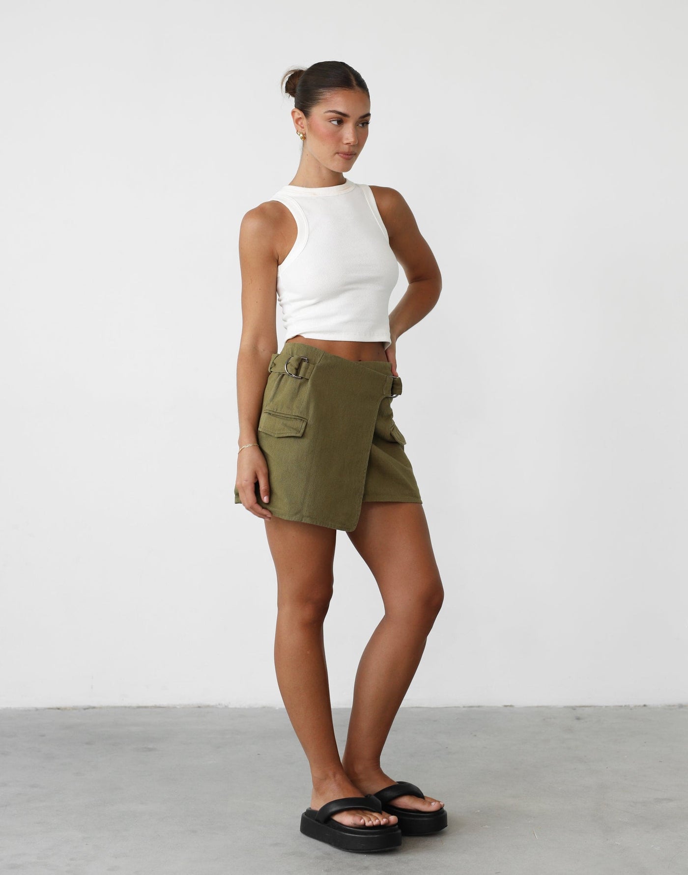 Calypso Mini Skirt (Khaki) - Wrap Around Embellished Cargo Skirt - Women's Skirts - Charcoal Clothing