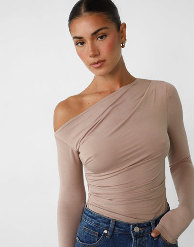 Annie Bodysuit (Ash) - Asymmetrical Neckline Long Sleeve Bodysuit - Women's Top - Charcoal Clothing