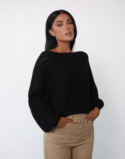 Sonia Long Sleeve Knit Top (Black) - Boatneck Long Sleeve Loose Knit Top - Women's Tops - Charcoal Clothing