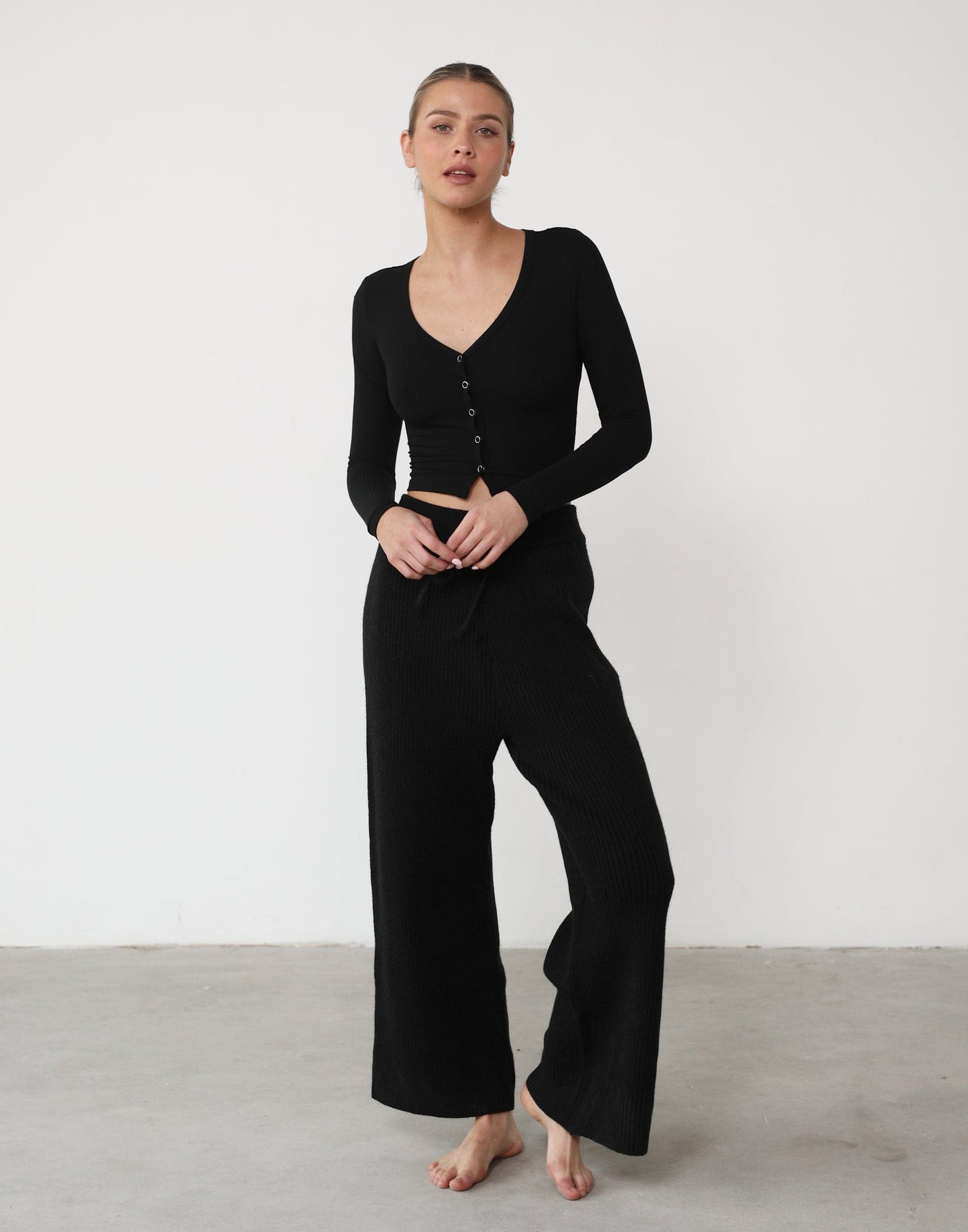 Tavinia Knit Pants (Black) - Ribbed High Waisted Wide Leg Knit Pant - Women's Pants - Charcoal Clothing