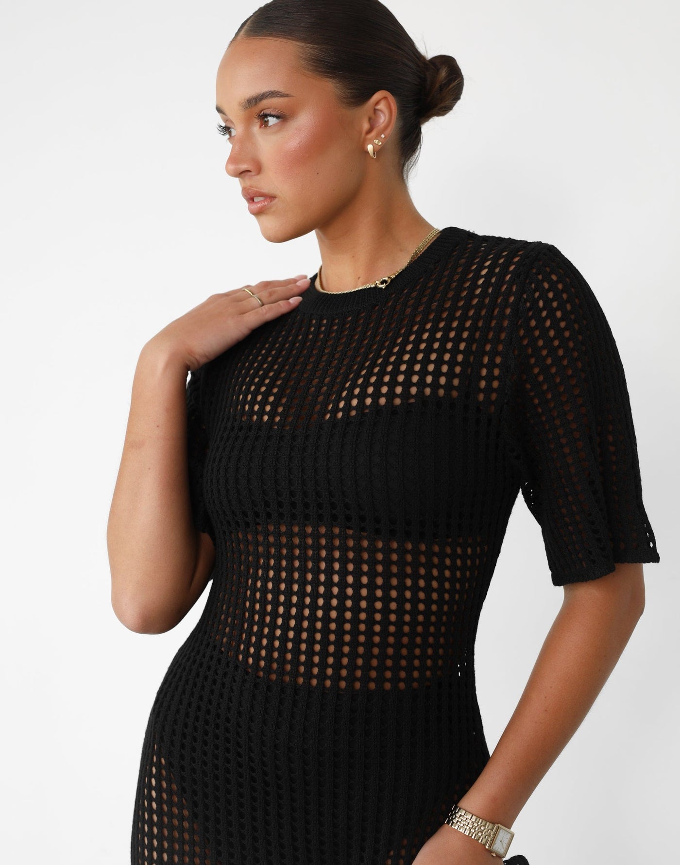 Phoemela Maxi Dress (Black) - Crochet Overlay Maxi with Slip Dress - Women's Dress - Charcoal Clothing