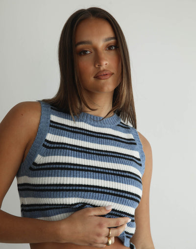 Havena Knit Crop Top (Blue/White) - Stripe Knit Crop Top - Women's Top - Charcoal Clothing