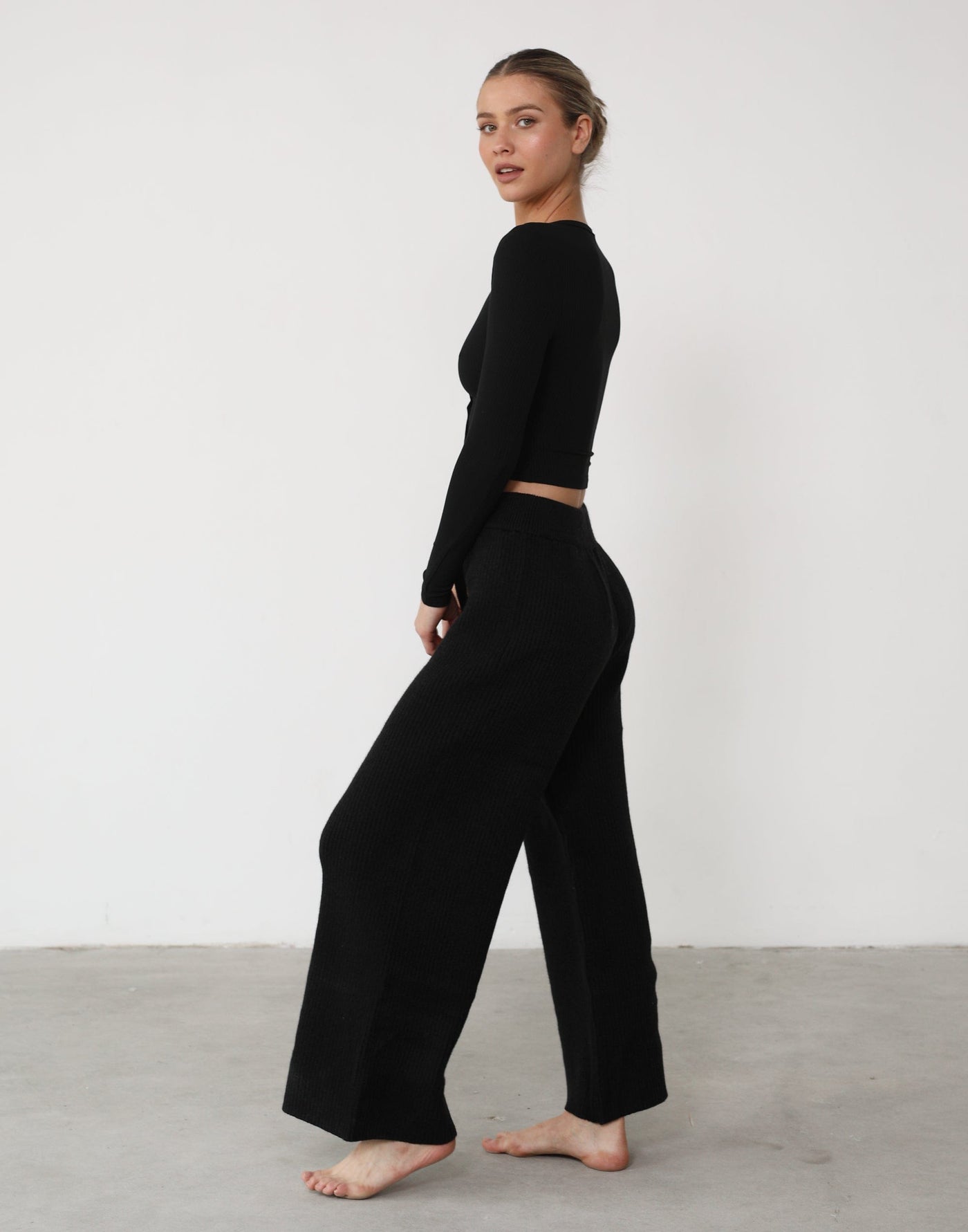 Tavinia Knit Pants (Black) - Ribbed High Waisted Wide Leg Knit Pant - Women's Pants - Charcoal Clothing