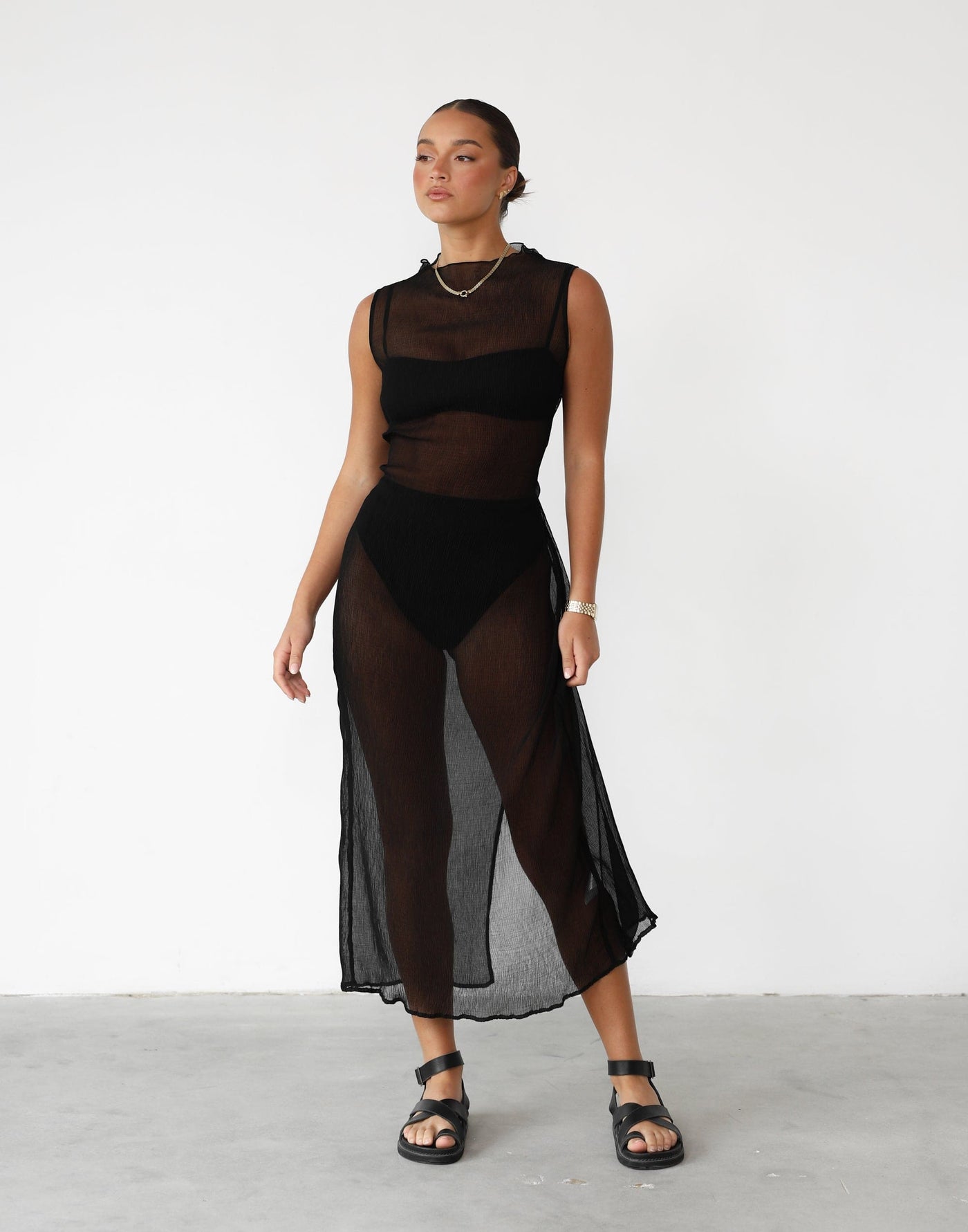 Solar Maxi Dress (Black) - Sheer High Neck Maxi Dress - Women's Dress - Charcoal Clothing