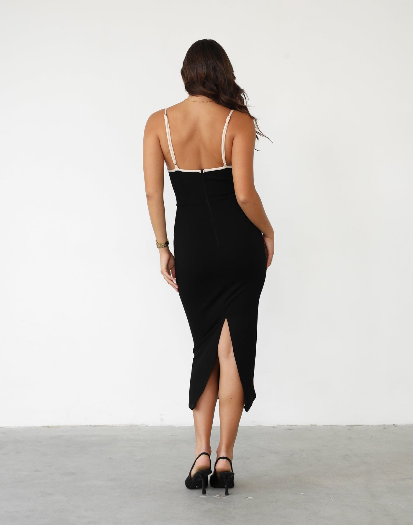 Kelli Midi Dress (Black) | Straight Neckline Midi Dress - Women's Dress - Charcoal Clothing
