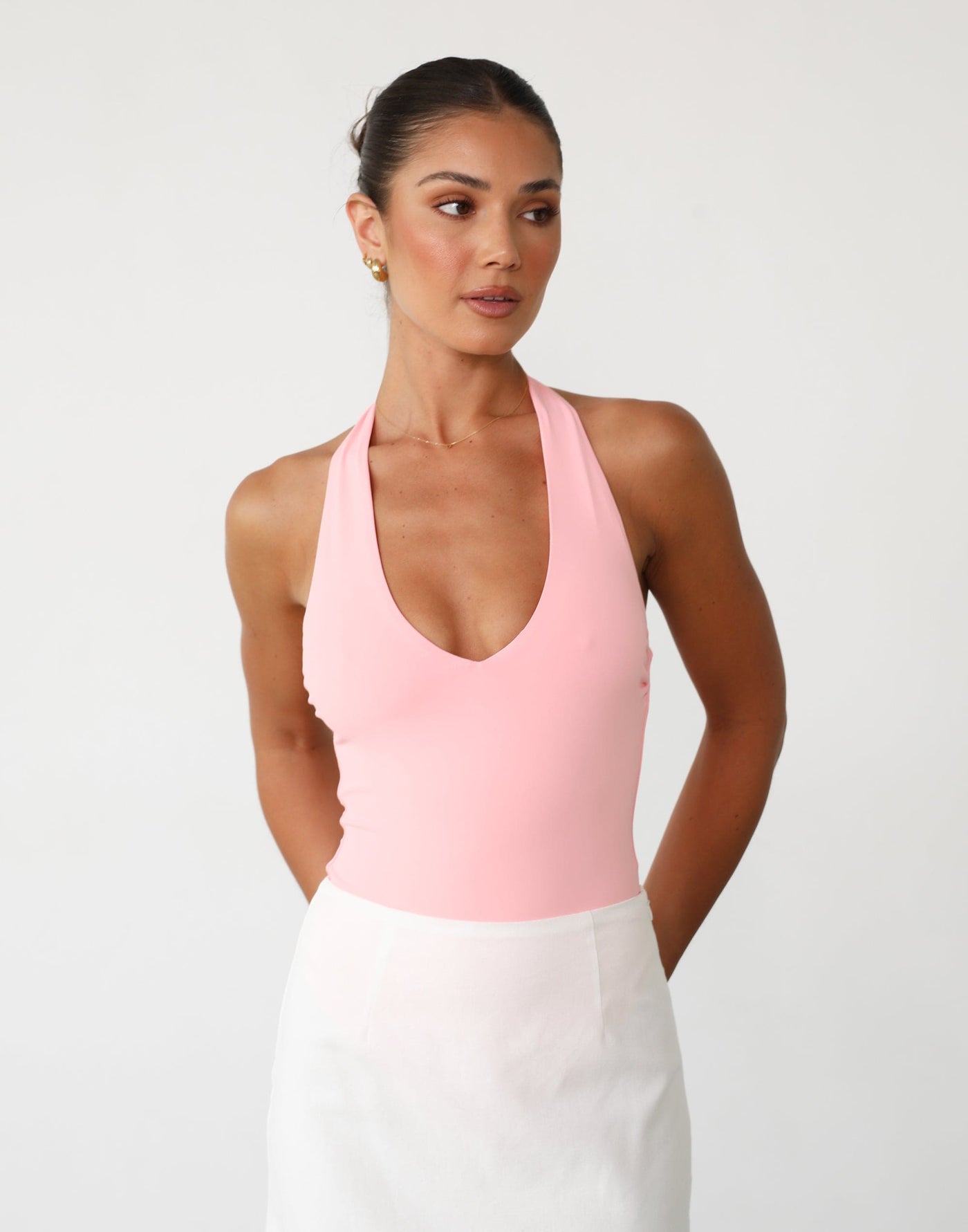 Amira Bodysuit (Soft Pink) - Pink Halter Neck Bodysuit - Women's Top - Charcoal Clothing