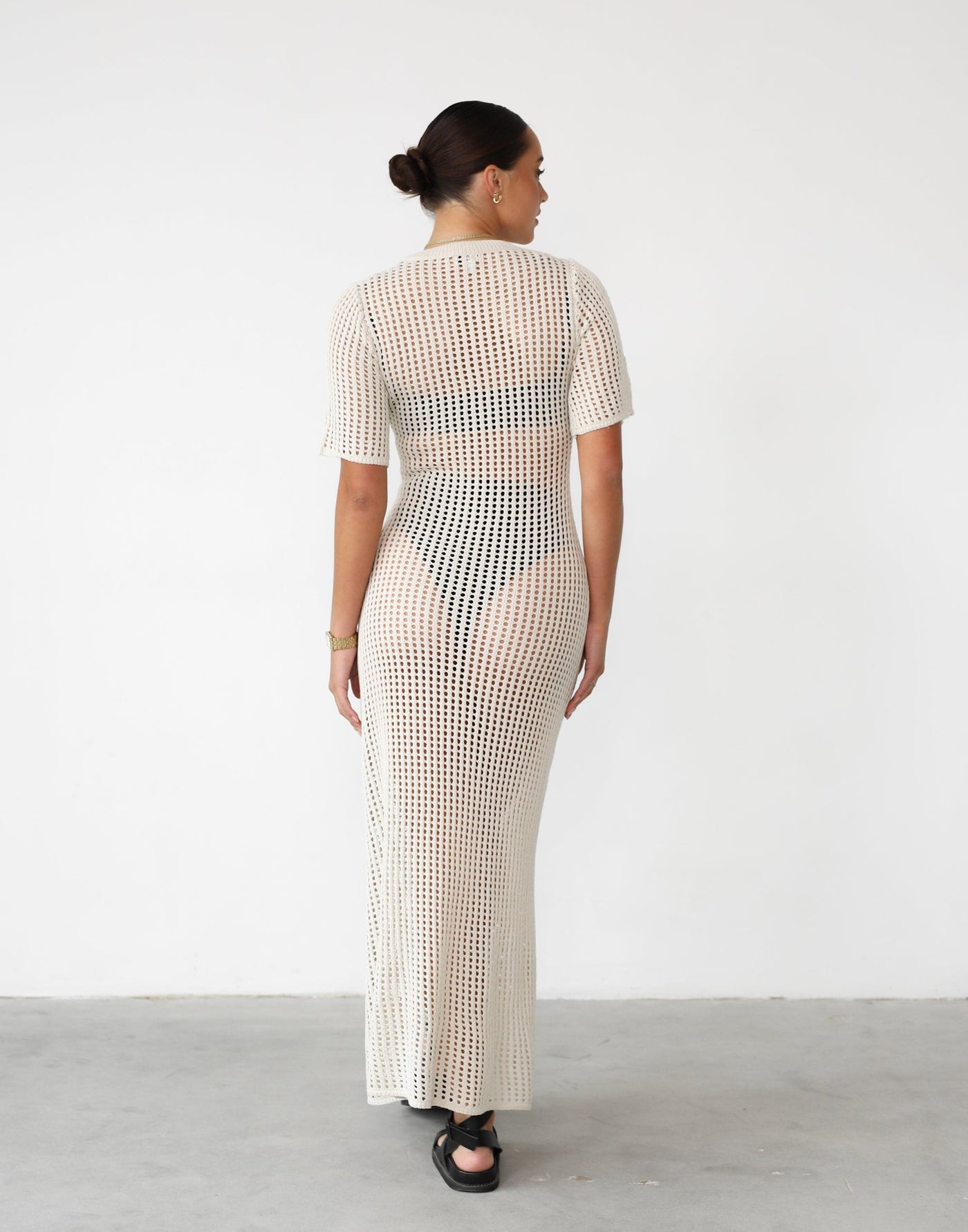 Phoemela Maxi Dress (Oat) - Crochet Overlay Maxi with Slip Dress - Women's Dress - Charcoal Clothing