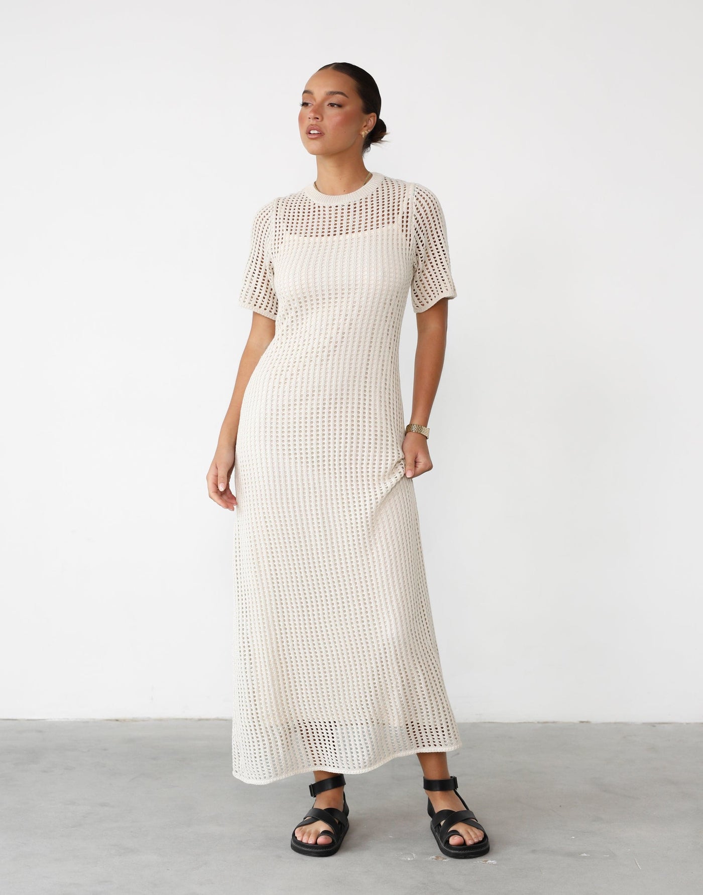 Phoemela Maxi Dress (Oat) - Crochet Overlay Maxi with Slip Dress - Women's Dress - Charcoal Clothing
