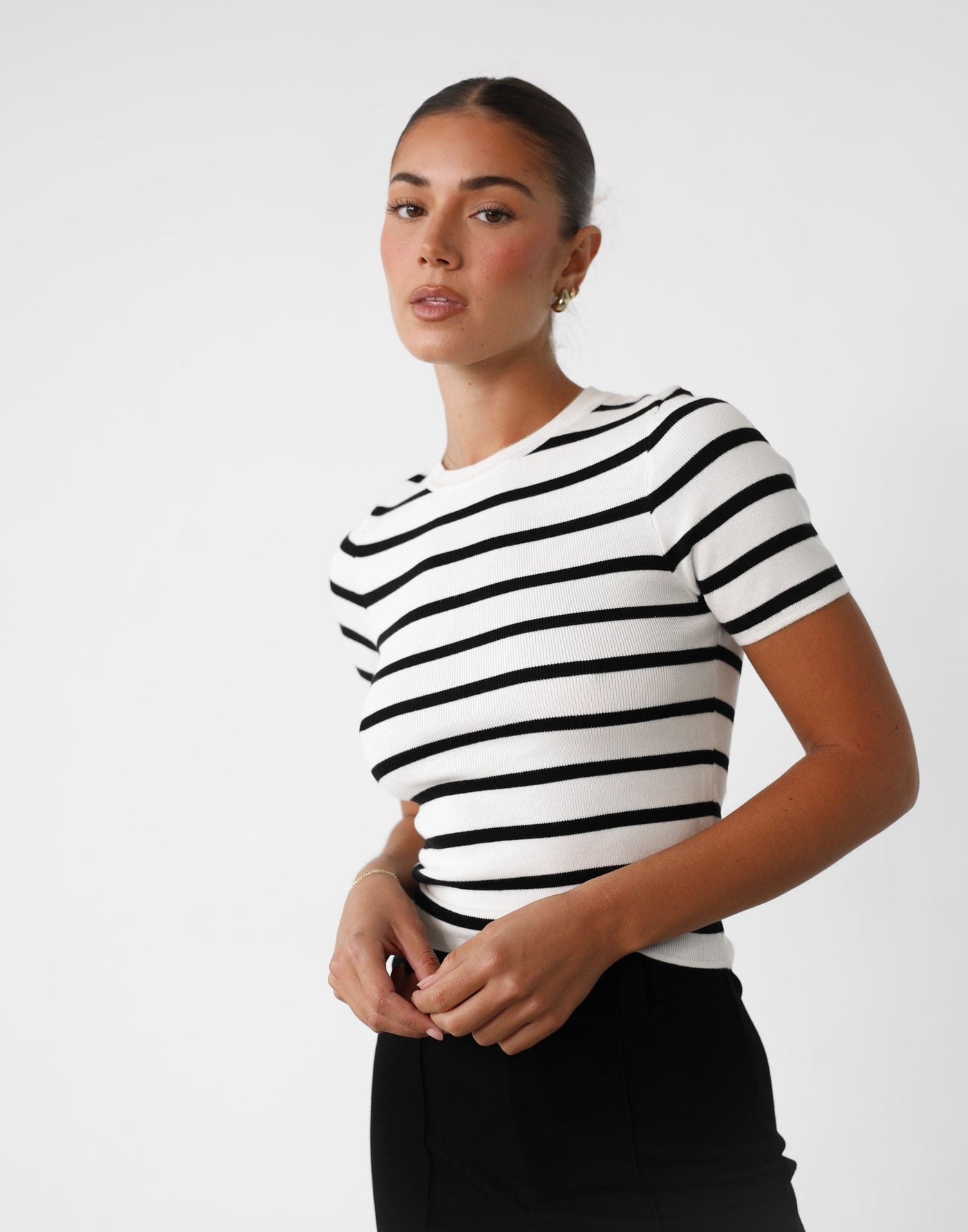 Alivina Top (Black/White) - Striped Knit Rounded Neckline Top – CHARCOAL