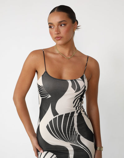Stephy Maxi Dress (Cream/Black Print) - Abstract Pattern Bodycon Maxi - Women's Dress - Charcoal Clothing
