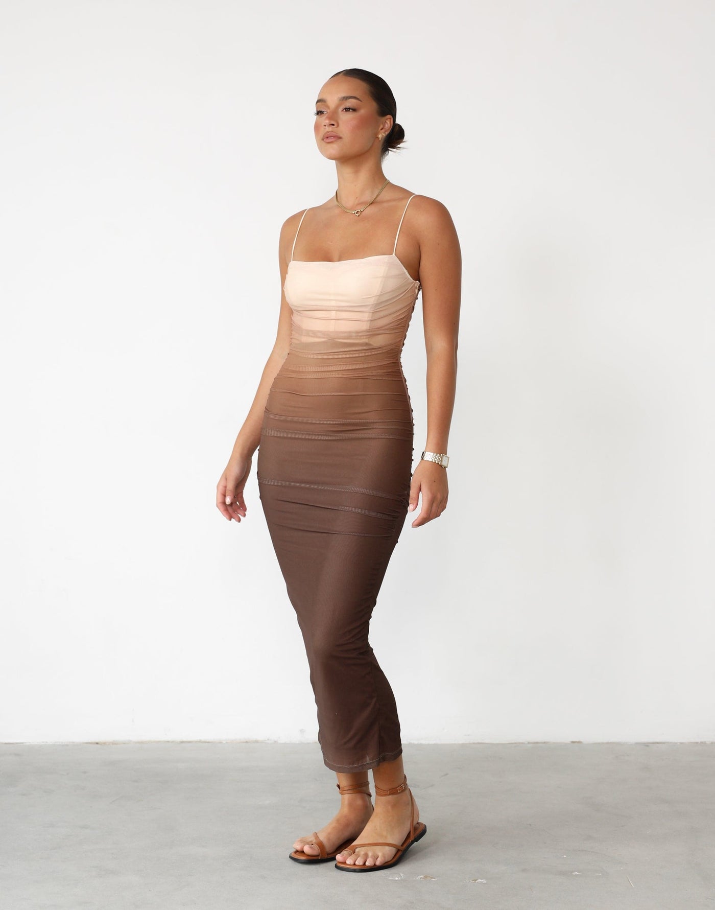 Beatrice Maxi Dress (Brown Ombré) - Ruched Bodycon Maxi Dress - Women's Dress - Charcoal Clothing