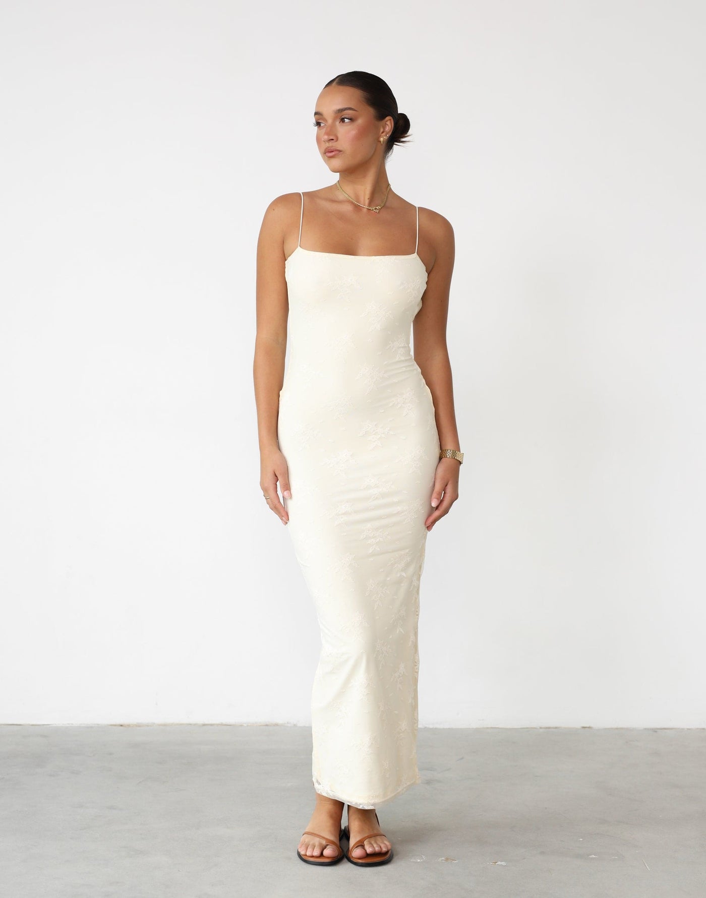 Arifa Maxi Dress (Butter) - Lace Overlay Low Back Maxi - Women's Dress - Charcoal Clothing