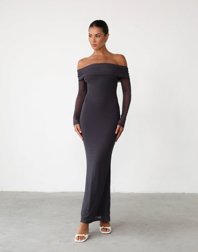 Carmella Maxi Dress (Charcoal) - Off-the-Shoulder Mesh Sleeve Maxi - Women's Dress - Charcoal Clothing