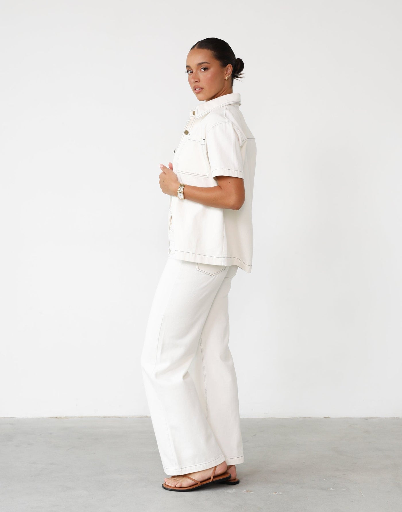 Lili Denim Shirt (White) - Button Down Short Sleeve Top - Women's Top - Charcoal Clothing