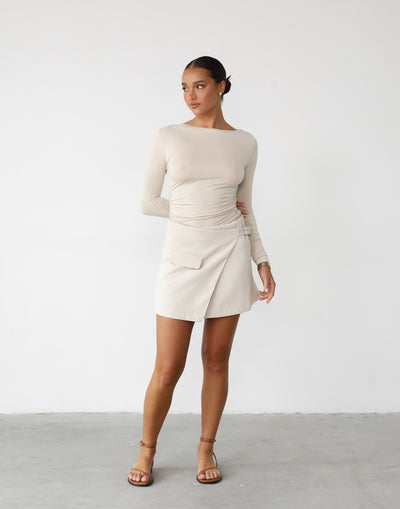 Kamala Mini Skirt (Beige) | Wrap Cargo Mini Skirt - Women's Skirt - Charcoal Clothing