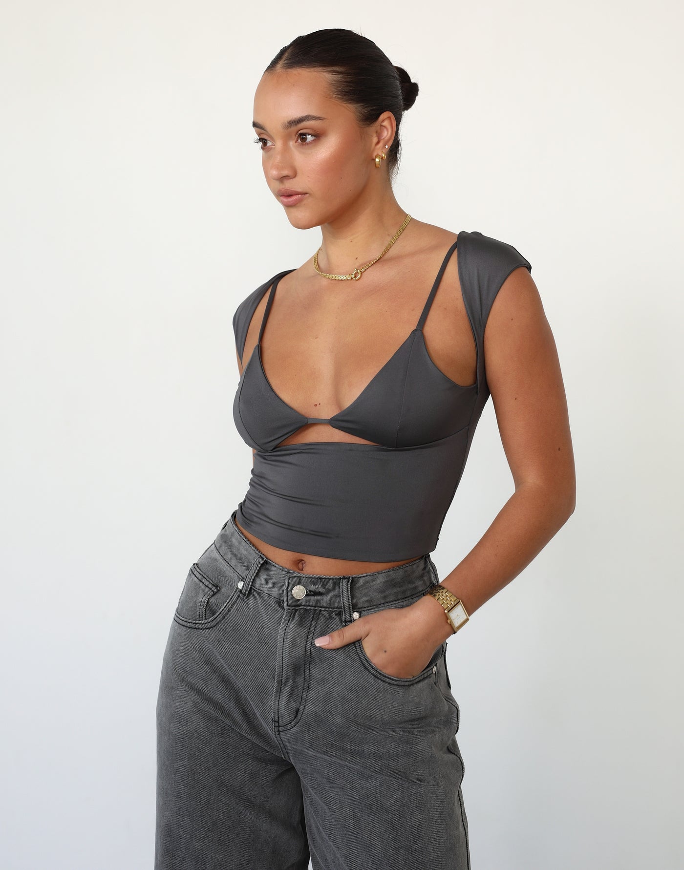 Romy Crop Top (Slate) - Cut-out Detail Crop Top - Women's Top - Charcoal Clothing