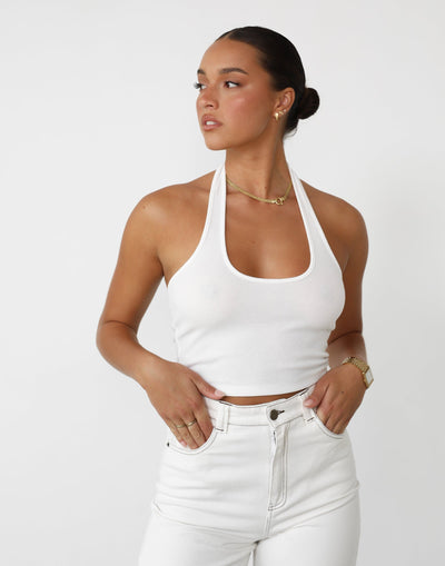 Eve Top (White) - Ribbed Halter Neck Crop Top - Women's Top - Charcoal Clothing