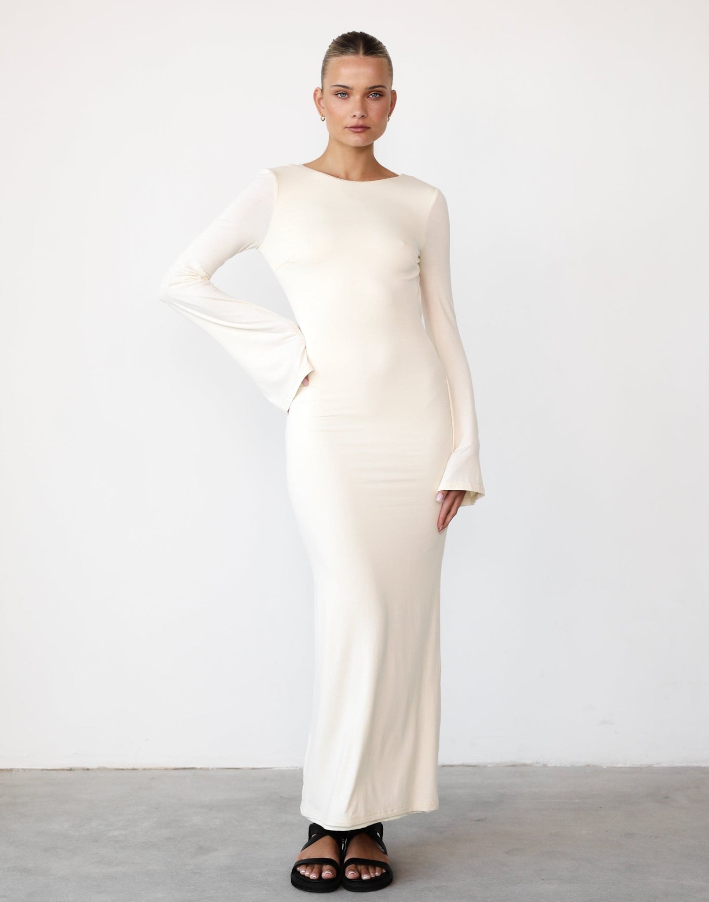Carina Long Sleeve Maxi Dress (Cream) - Backless Flare Sleeve Bodycon Maxi - Women's Dress - Charcoal Clothing
