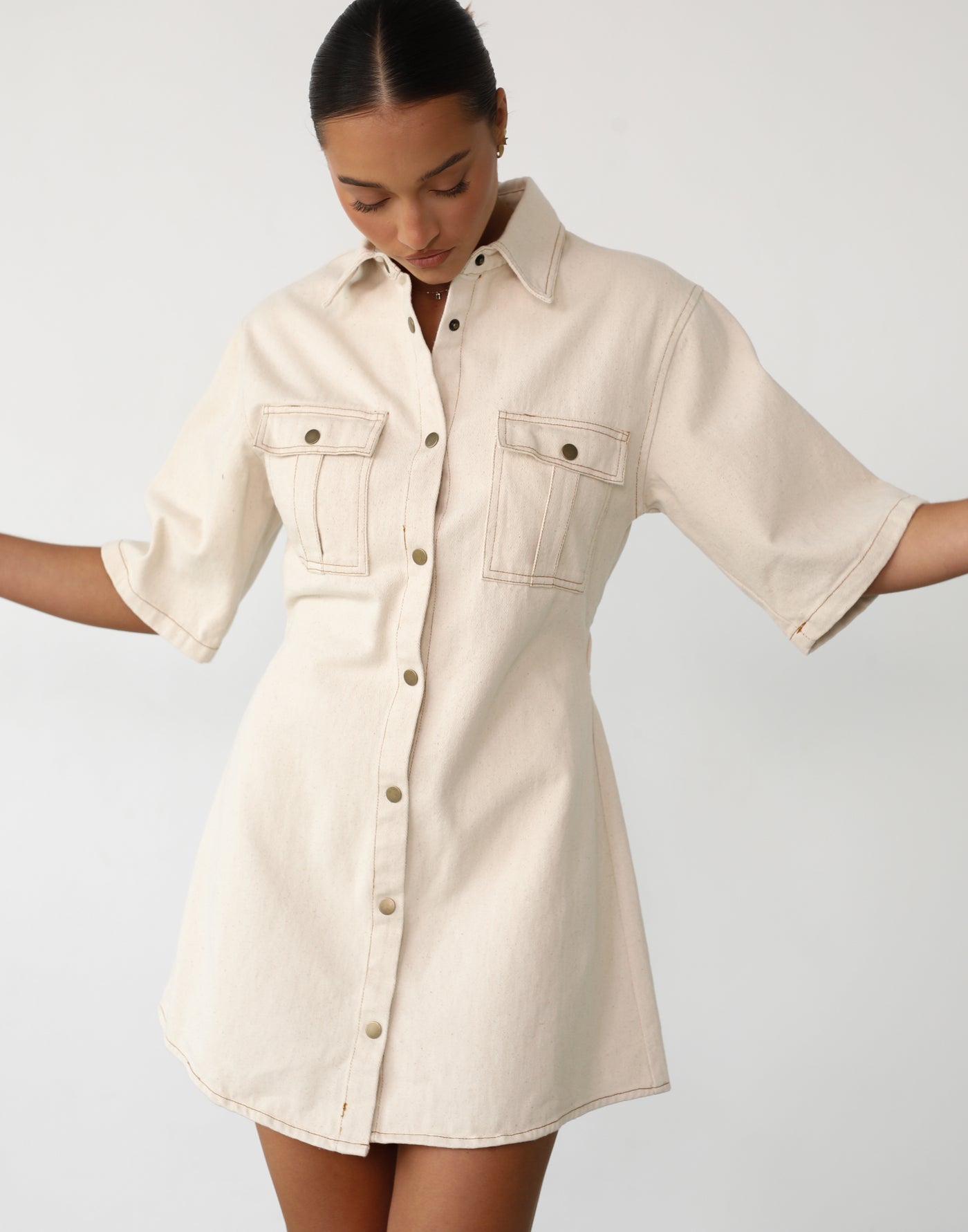 Hadid Mini Dress (Oat) | Button Up Mini Dress - Women's Dress - Charcoal Clothing