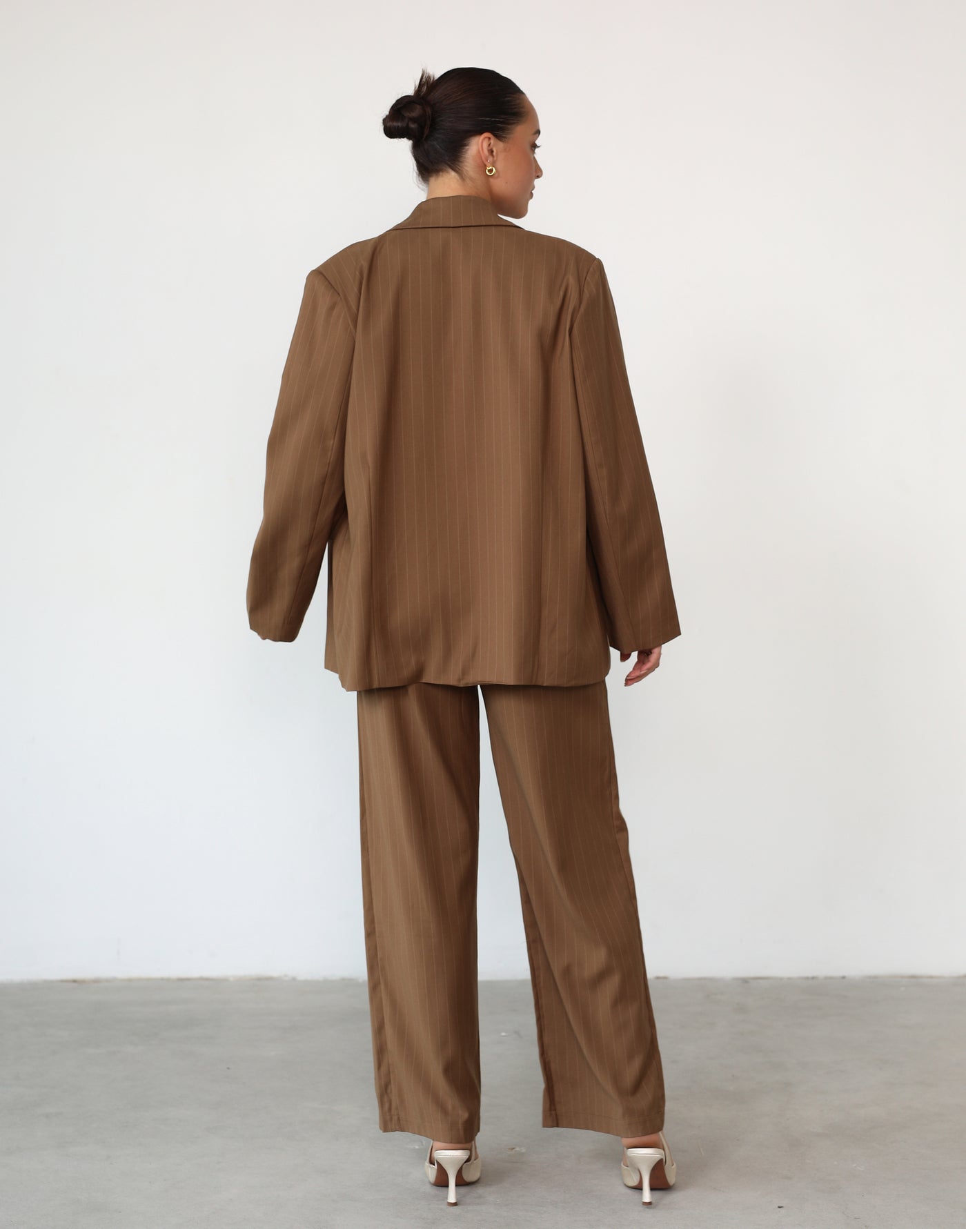 Devyn Blazer (Brown Pinstripe) - Dual Button Deep V Neck Blazer - Women's Outerwear - Charcoal Clothing
