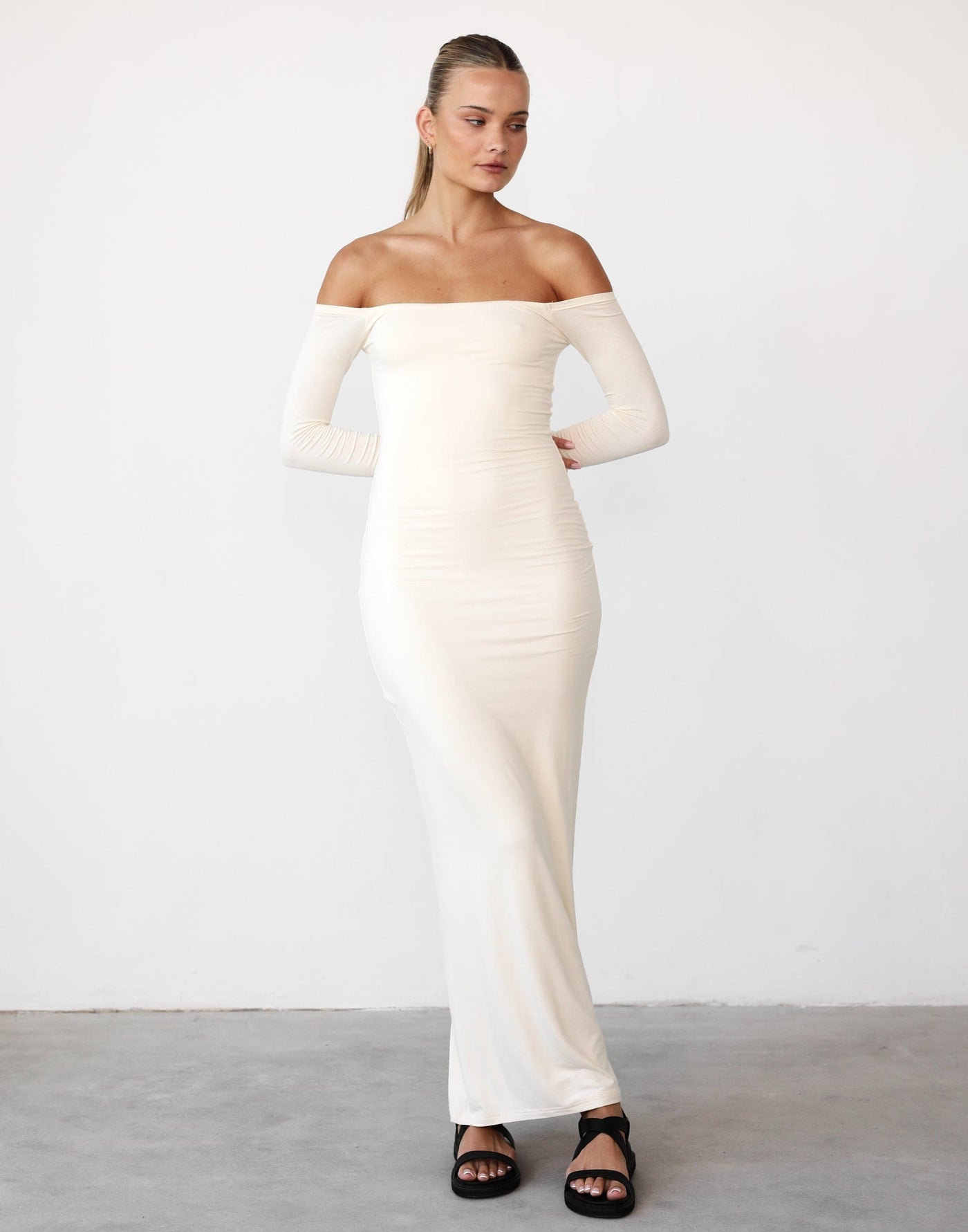 Iris Maxi Dress (Cream) - Off Shoulder Long Sleeve Maxi Dress - Women's Dress - Charcoal Clothing
