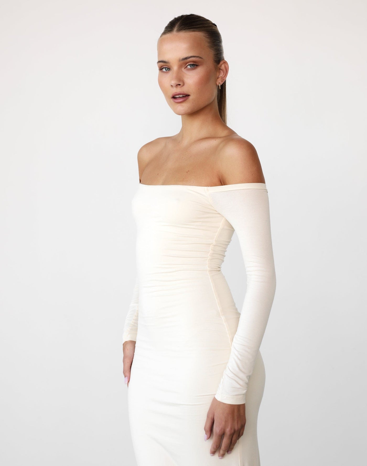 Iris Maxi Dress (Cream) - Off Shoulder Long Sleeve Maxi Dress - Women's Dress - Charcoal Clothing