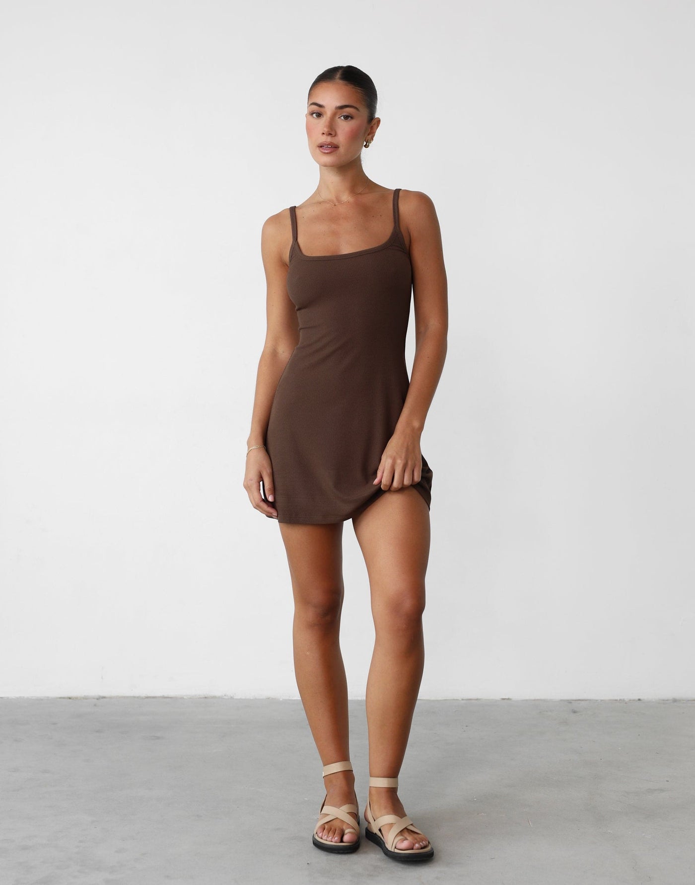 Helia Mini Dress (Oak) - Ribbed A-line Mini Dress - Women's Dress - Charcoal Clothing