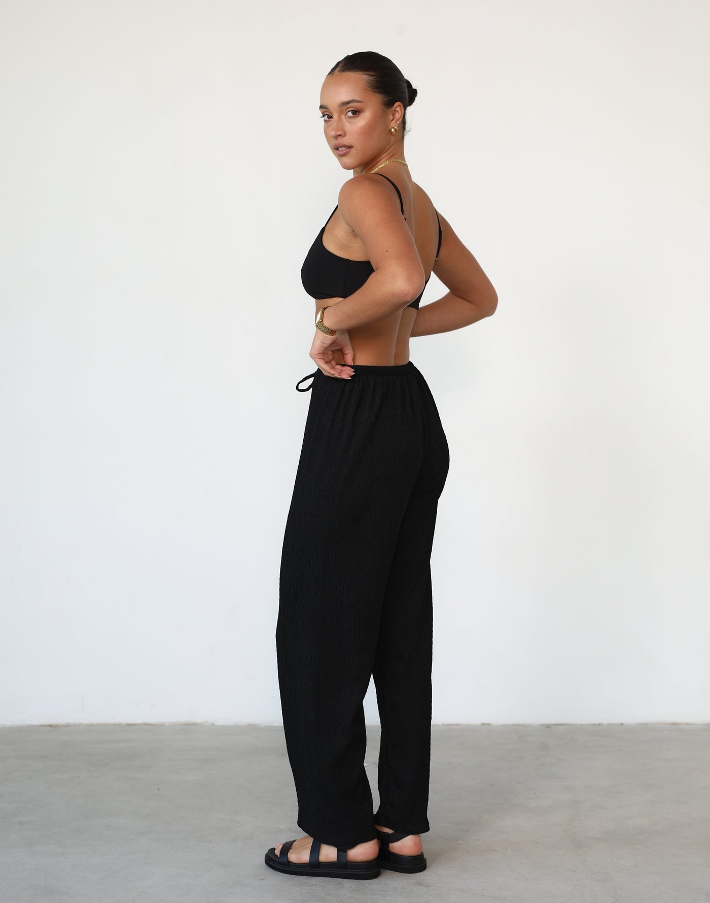 Malti Pants (Black) - Drawstring Relaxed Textured Pants - Women's Pants - Charcoal Clothing