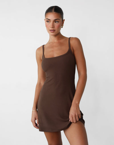 Helia Mini Dress (Oak) - Ribbed A-line Mini Dress - Women's Dress - Charcoal Clothing