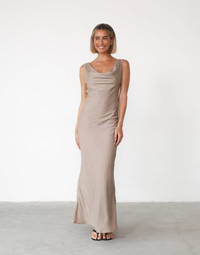 Imogen Maxi Dress (Mushroom) | Charcoal Clothing Exclusive - Satin Cowl Neck Maxi - Women's Dress - Charcoal Clothing
