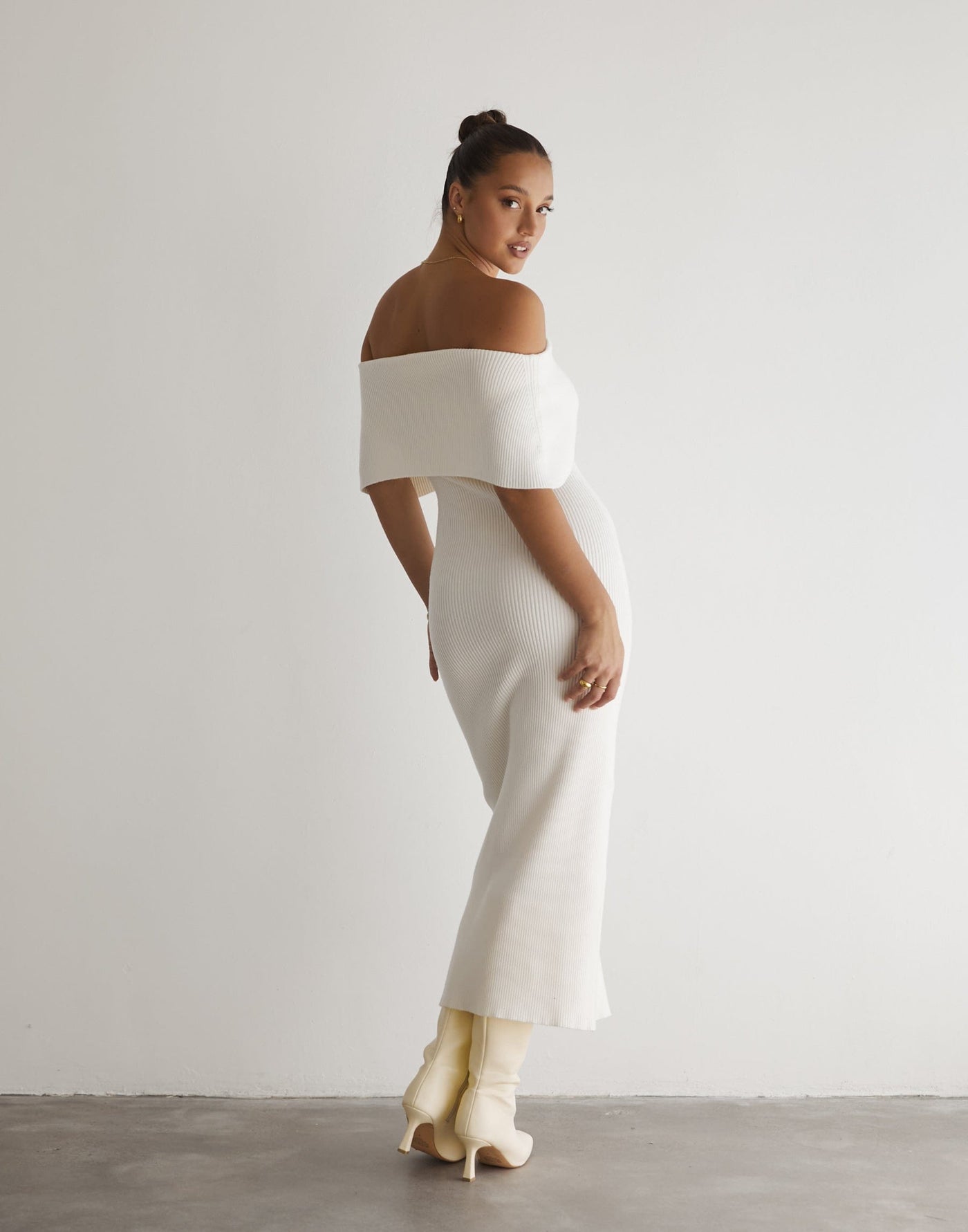 Ambiguity Maxi Dress (Cream) - Cream Knit Off The Shoulder Maxi Dress - Women's Dress - Charcoal Clothing