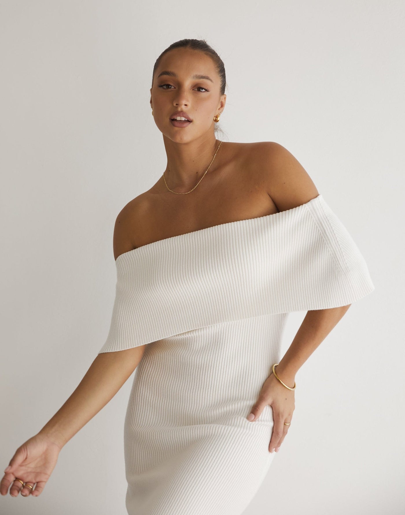 Ambiguity Maxi Dress (Cream) - Cream Knit Off The Shoulder Maxi Dress - Women's Dress - Charcoal Clothing