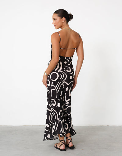Jina Maxi Dress (Black/Cream Print) - Swirl Pattern Detail Maxi Dress - Women's Dress - Charcoal Clothing