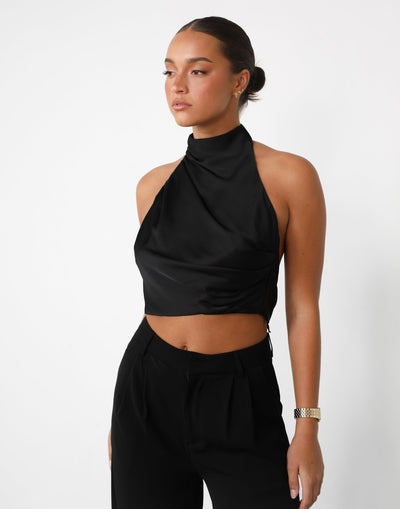 Tinashe Top (Black) - High Neck Satin Tie Up Back Top - Women's Top - Charcoal Clothing
