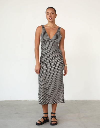 Janna Maxi Dress (Black/White Print) - V Neck A-line Flowy Maxi Dress - Women's Dresses - Charcoal Clothing