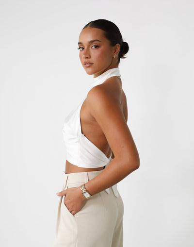Tinashe Top (White) - High Neck Satin Tie Up Back Top - Women's Top - Charcoal Clothing