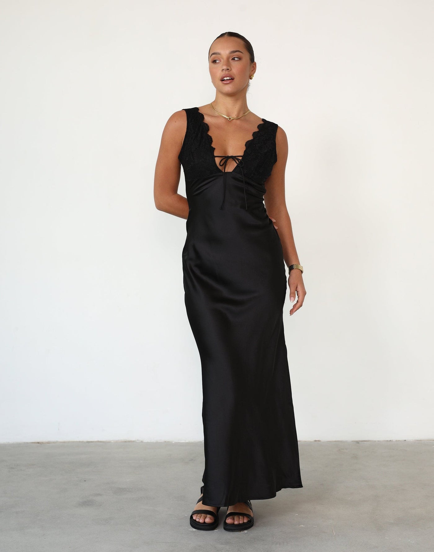 Faith Maxi Dress (Black) - Lace Detail Satin V Neck Maxi - Women's Dresses - Charcoal Clothing