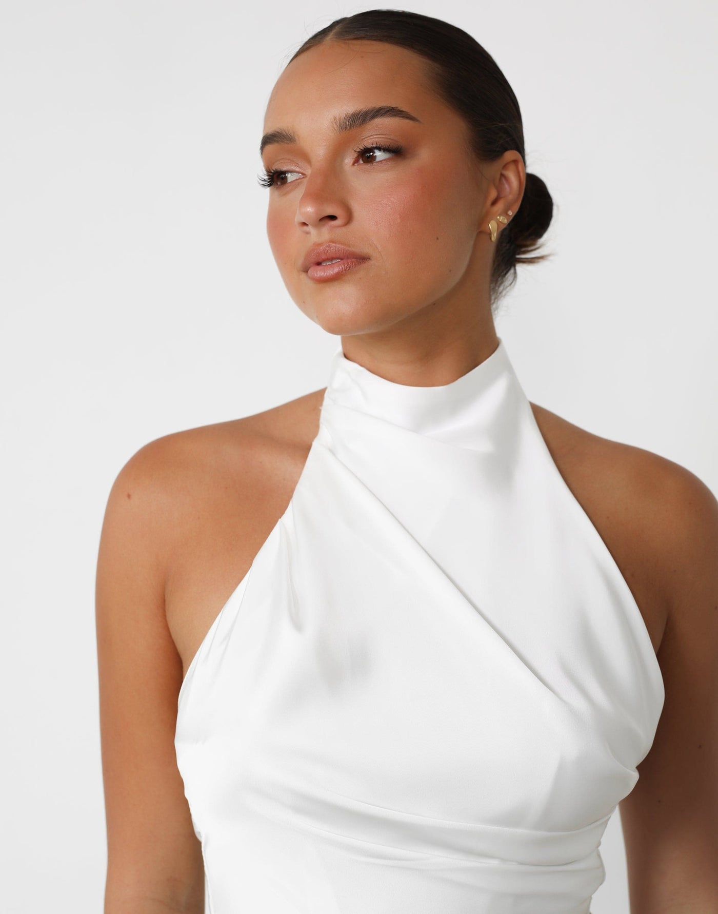 Tinashe Top (White) - High Neck Satin Tie Up Back Top - Women's Top - Charcoal Clothing