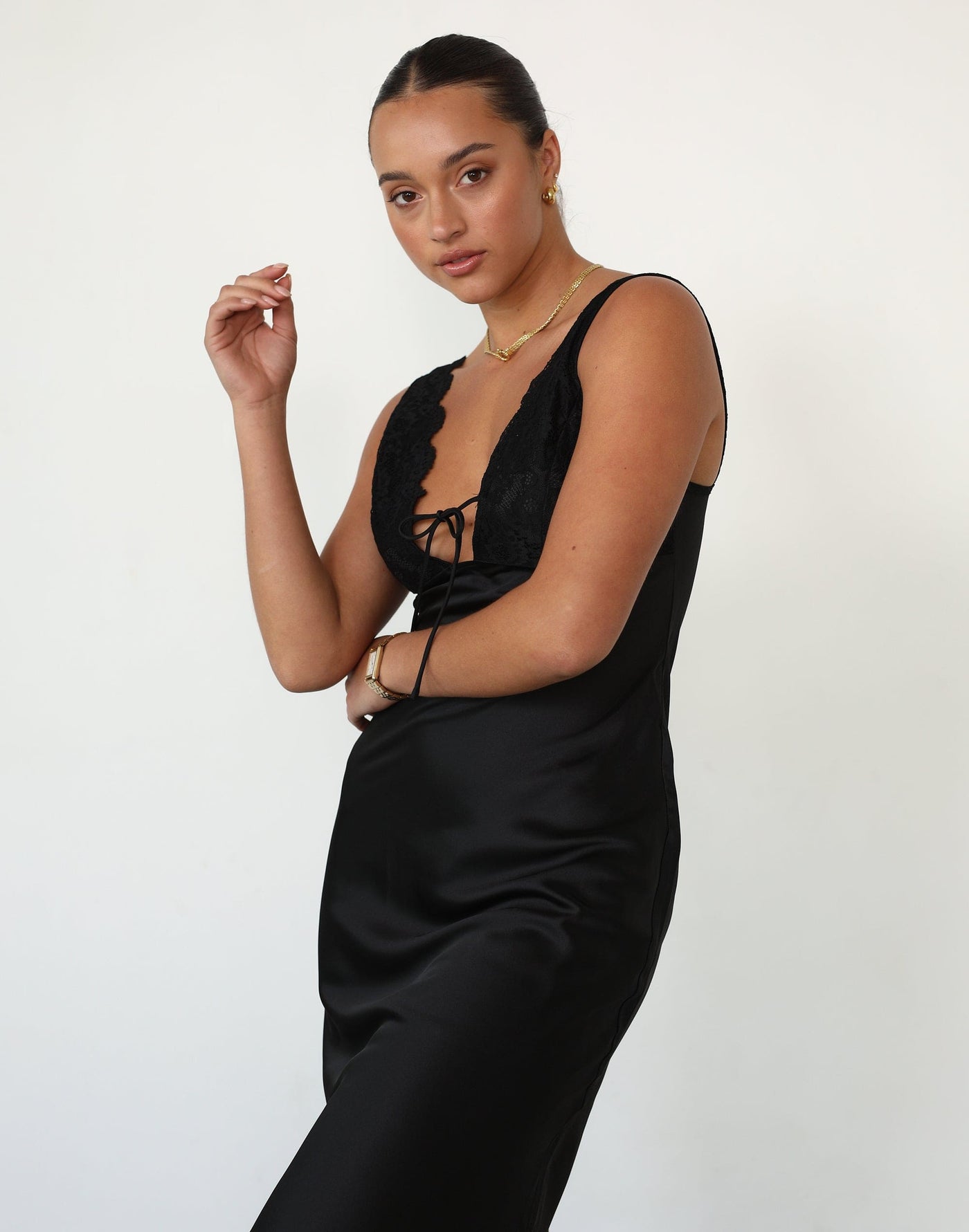 Faith Maxi Dress (Black) - Lace Detail Satin V Neck Maxi - Women's Dresses - Charcoal Clothing