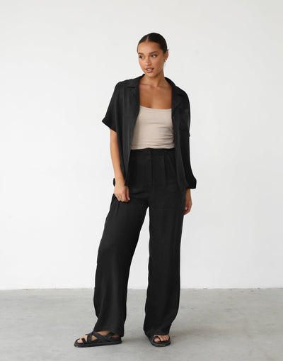 Amalie Shirt (Black) - Black Short Sleeve Button Up Cupro Shirt - Women's Top - Charcoal Clothing