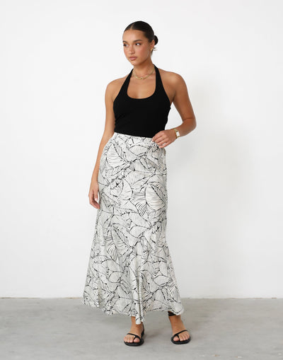 Teena Maxi Skirt (Cream/Black Print) - Floral Print Flowy Maxi Skirt - Women's Skirt - Charcoal Clothing