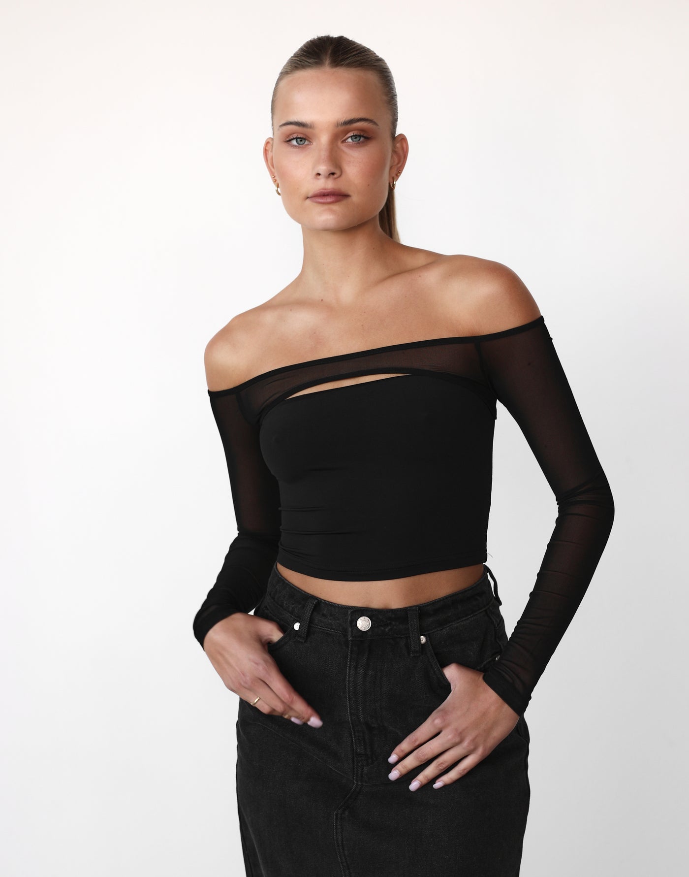 Dynamic Long Sleeve Top (Black) - Mesh Long Sleeve Cut Out Crop Top - Women's Top - Charcoal Clothing