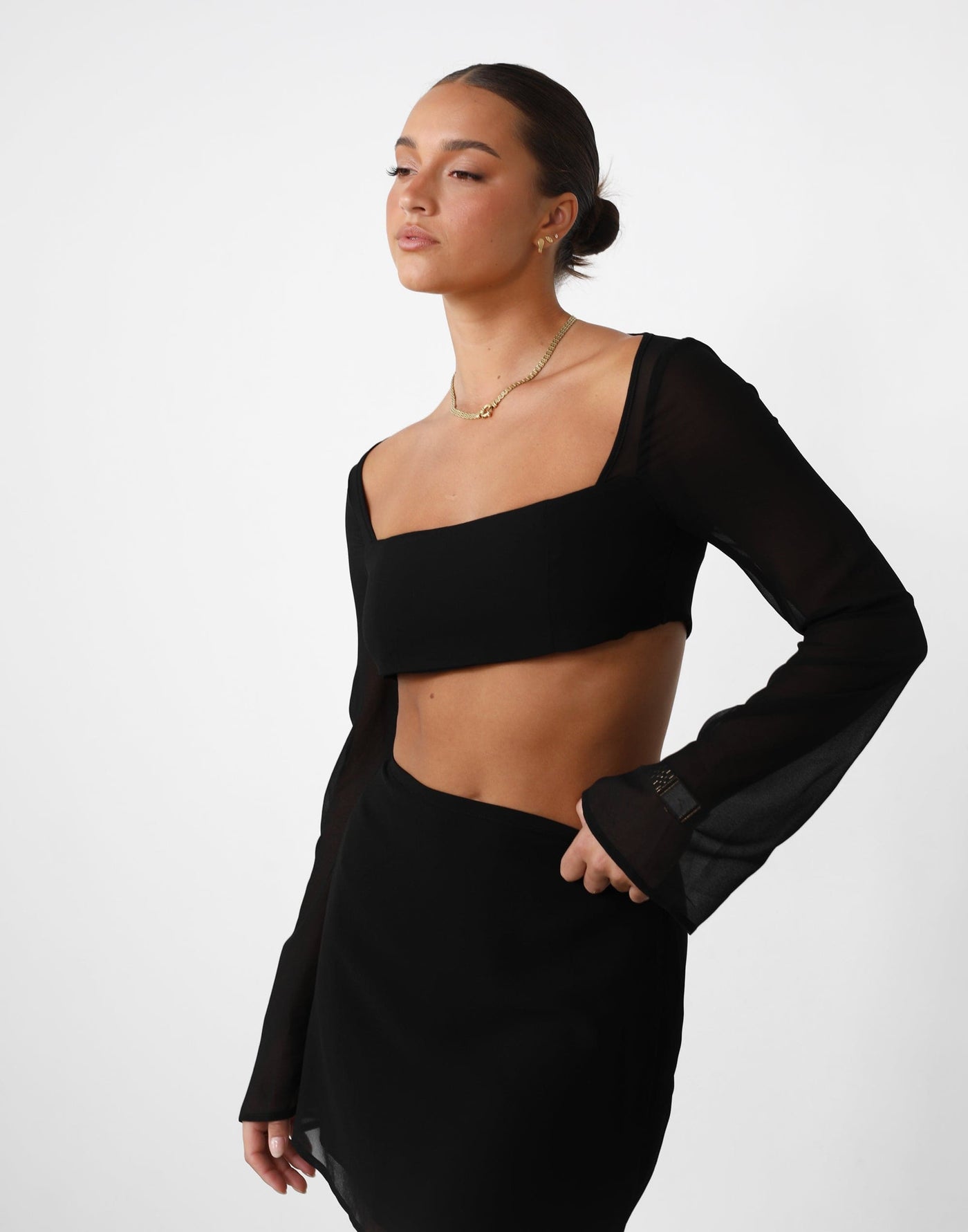 Abby Long Sleeve Crop Top (Black) - Black Long Sleeve Tie Up Crop Top - Women's Top - Charcoal Clothing