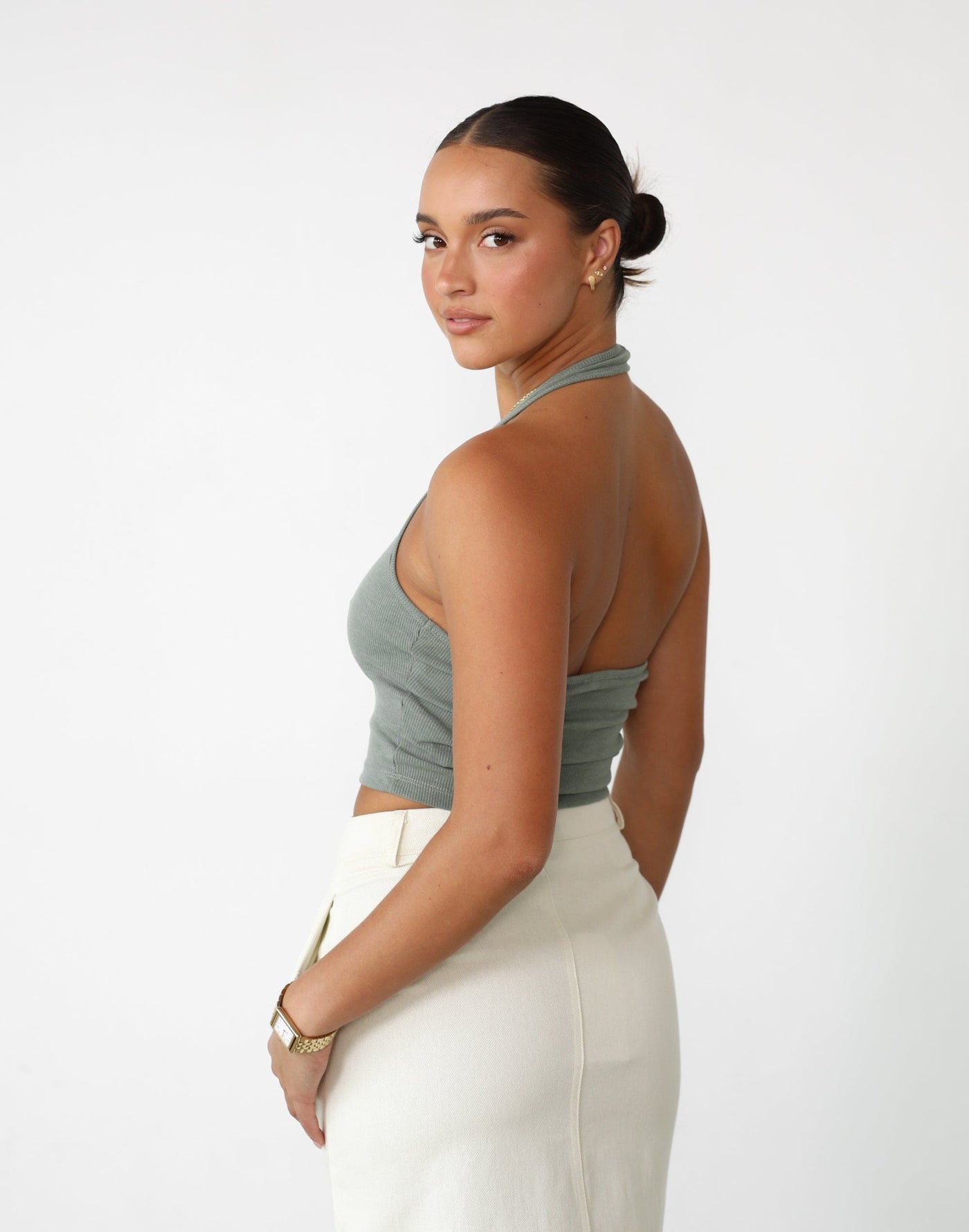 Eve Top (Olive) - Ribbed Halter Neck Crop Top - Women's Top - Charcoal Clothing