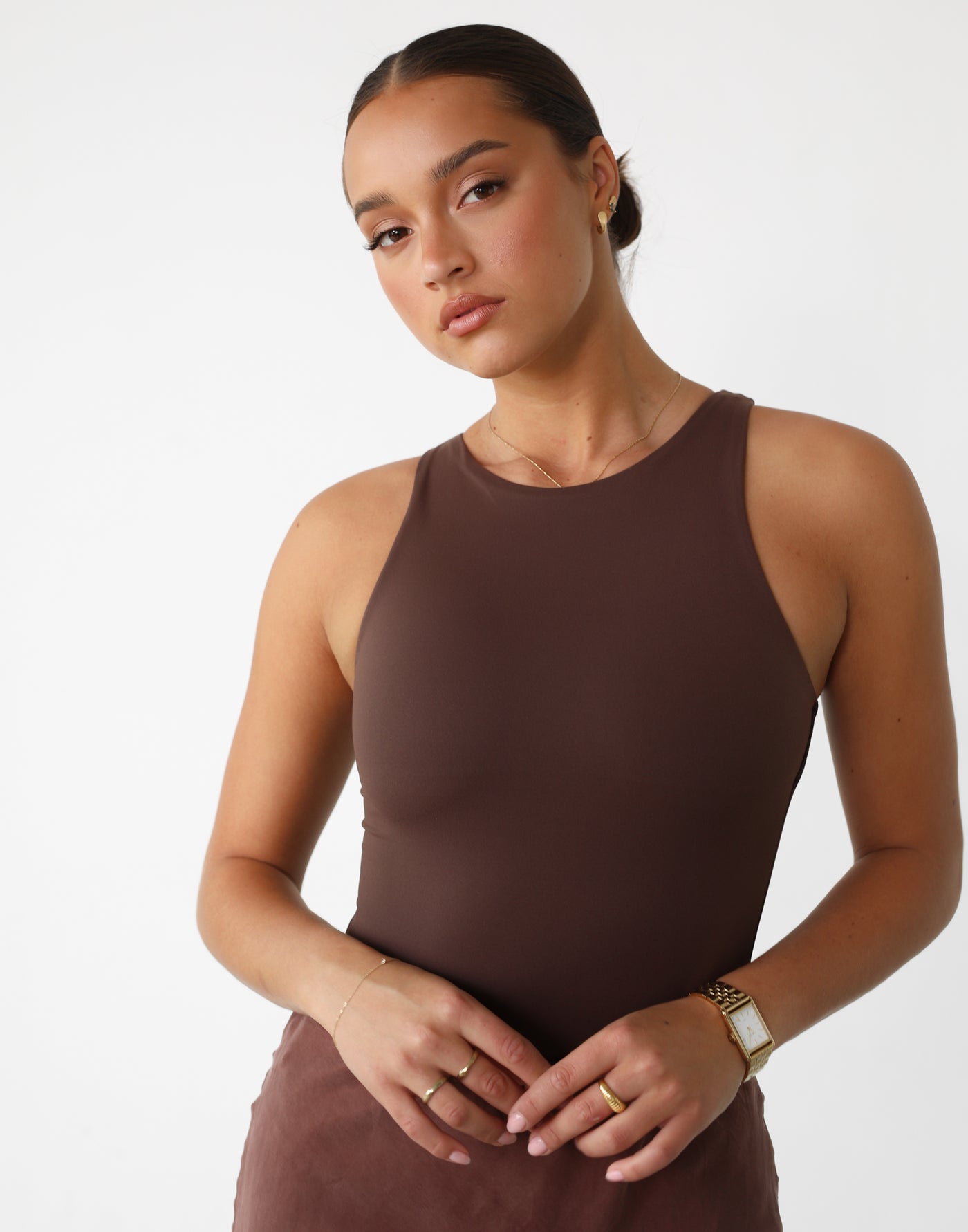 Vivid Bodysuit (Chocolate) | Round Neckline Bodysuit - Women's Top - Charcoal Clothing