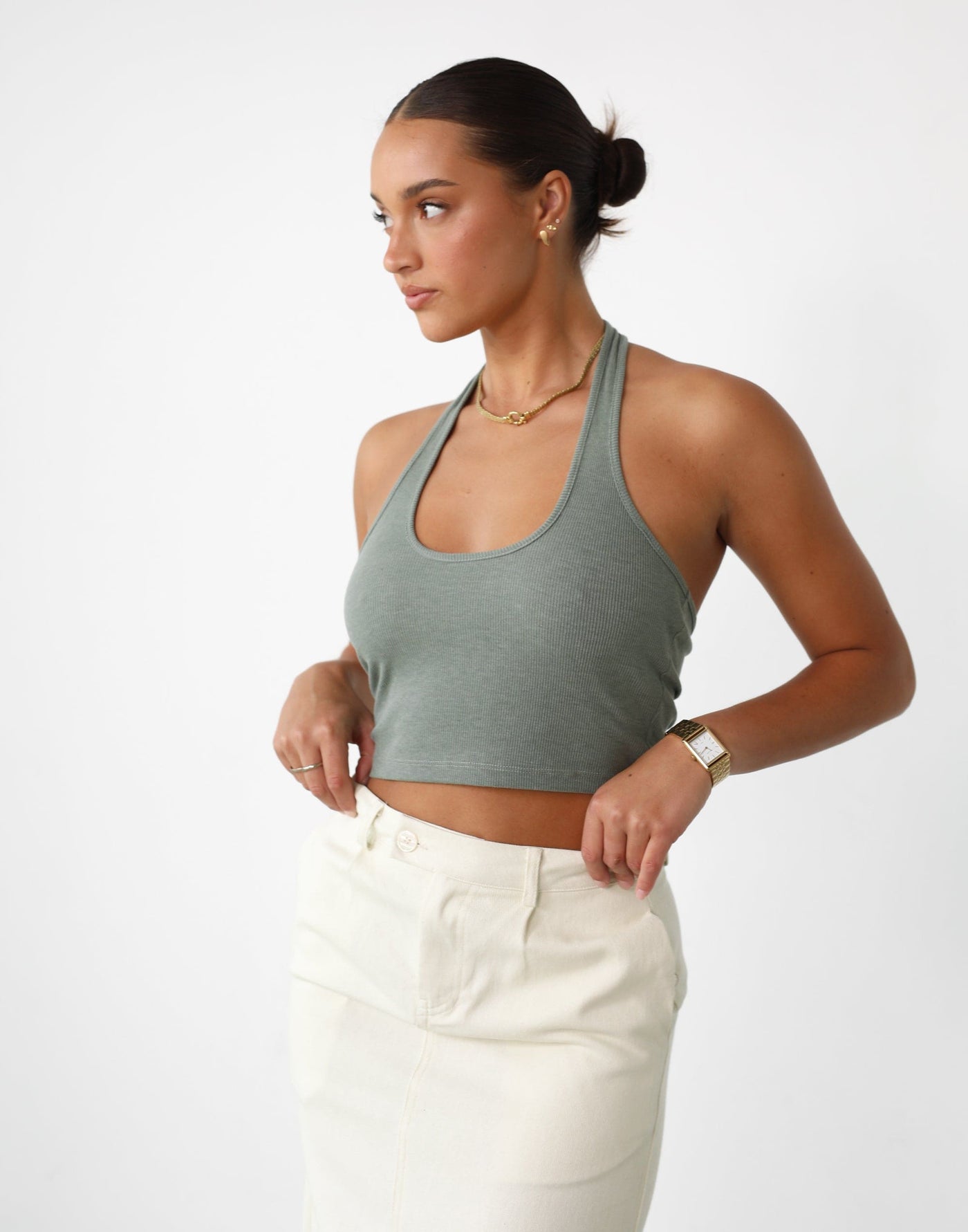 Eve Top (Olive) - Ribbed Halter Neck Crop Top - Women's Top - Charcoal Clothing