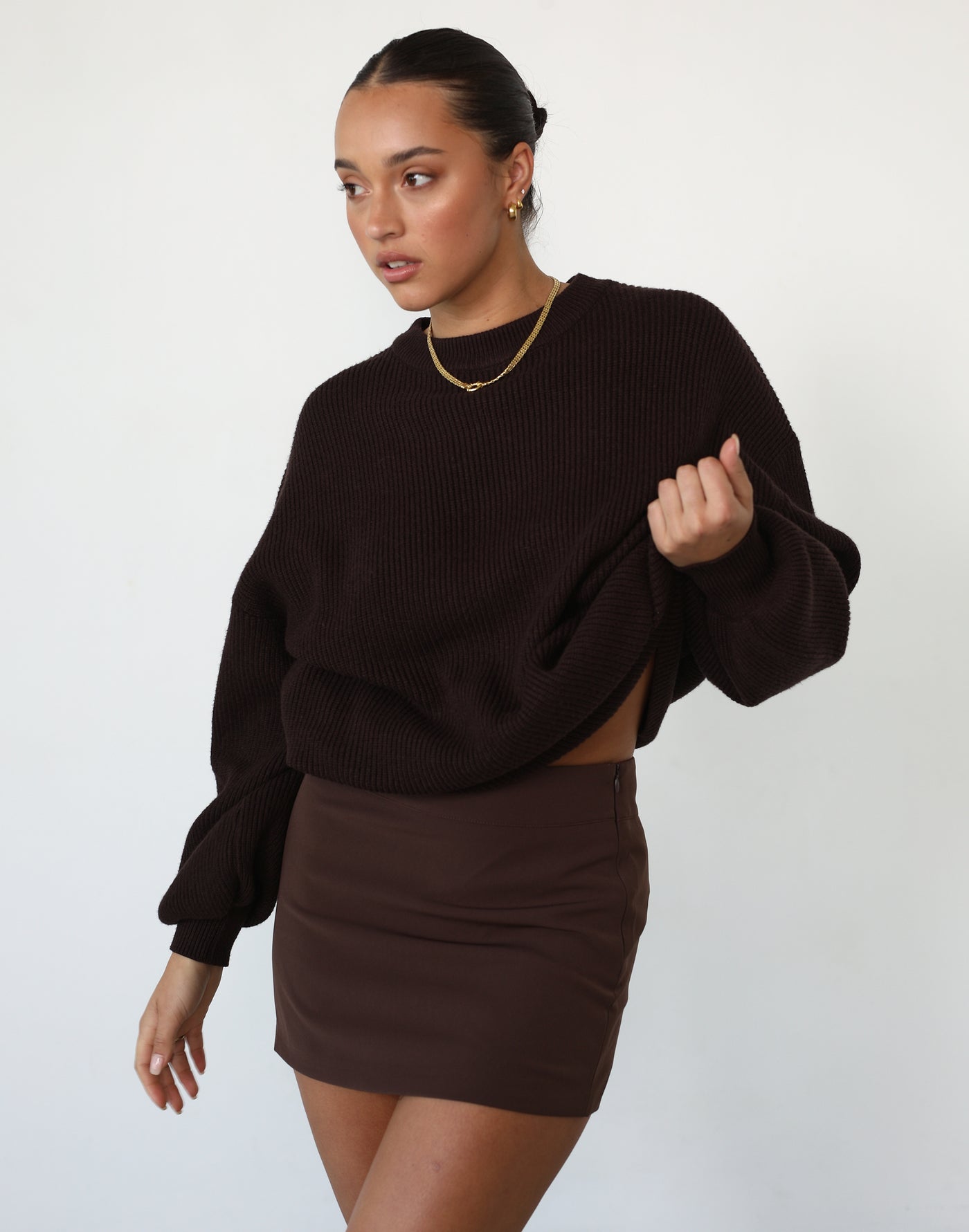 Cody Oversized Jumper (Chocolate) - Oversized Crew Neck Brown Knit Jumper - Women's Top - Charcoal Clothing