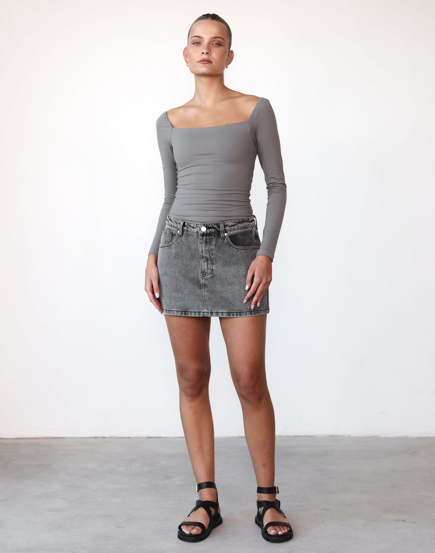 Monae Long Sleeve Bodysuit (Grey) - Low Back Longsleeve Bodycon Bodysuit - Women's Top - Charcoal Clothing
