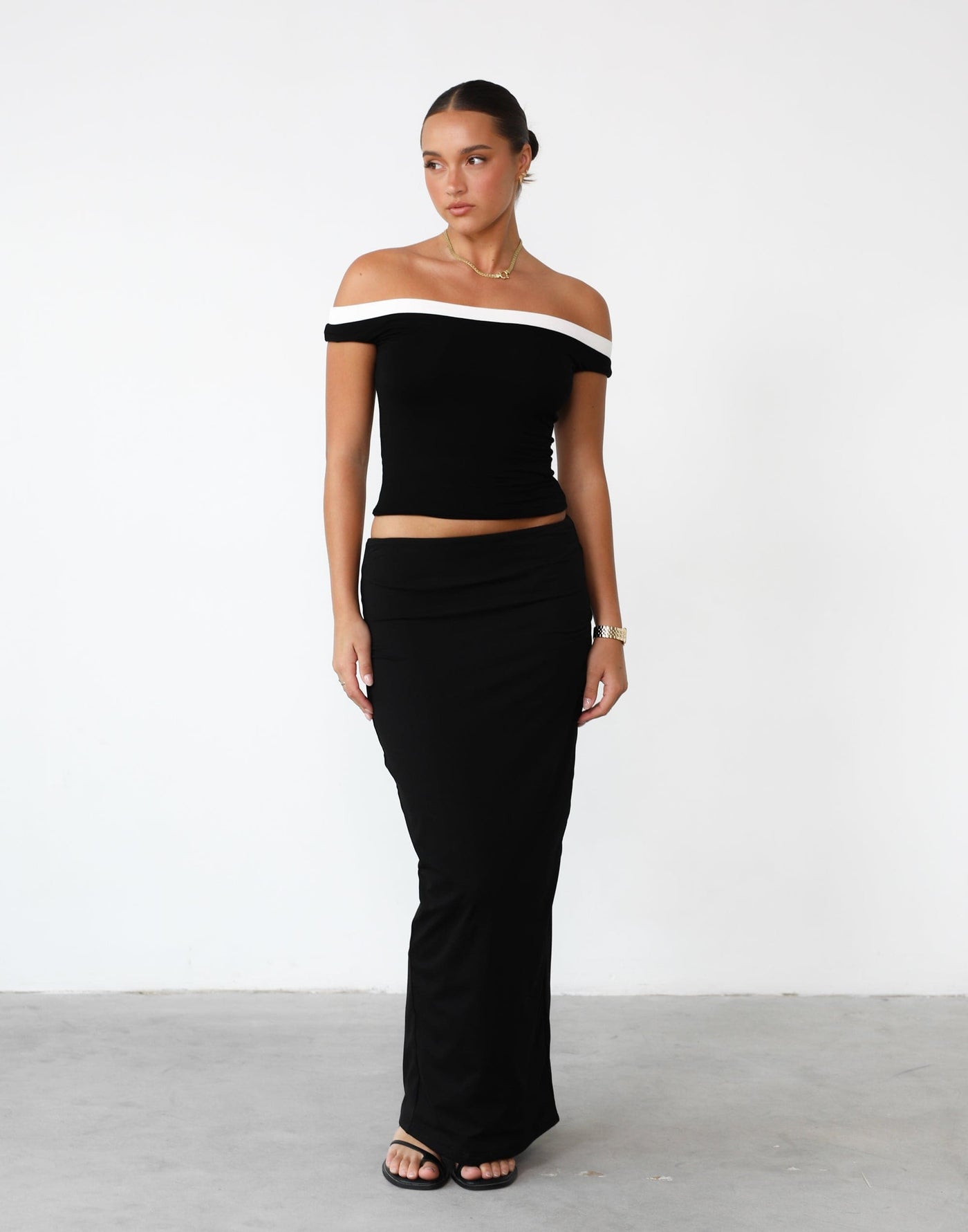 Ari Top (Black) - Contrast Detail Off Shoulder Top - Women's Top - Charcoal Clothing
